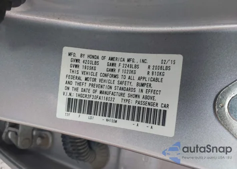 2015 Honda Accord Lx from USA, damaged, VIN 1HGCR2F30FA118022